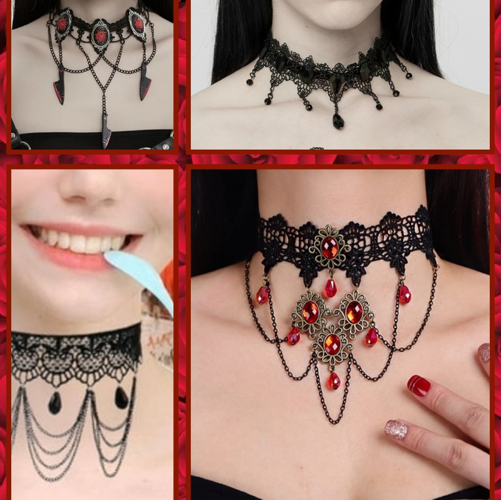 Gothic Black Lace Choker with Red Coffin Pendant - Picture 5 of 11